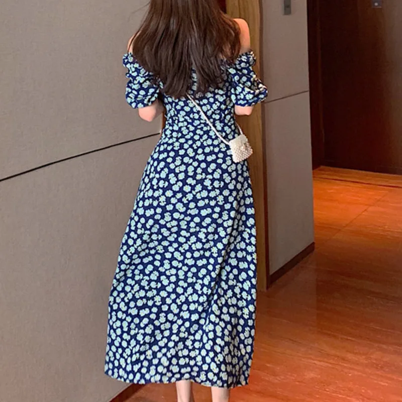 

2021 New Short Ruffle Sleeve Printed Midi Dress Sexy Split Slim Waist Office Lady Summer Elegant Vintage Boho Vestidos De Verano