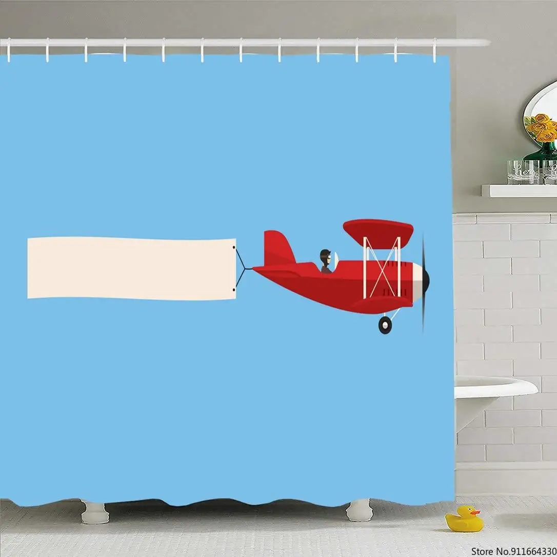 Душевая занавеска в комплекте с крючками 66x72 Летающий текст самолетом Ретро