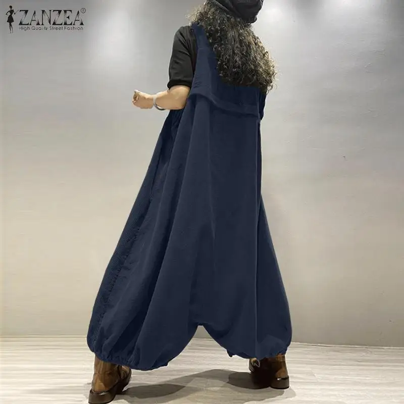 Vintage Corduroy Jumpsuits Women's Autumn Rompers 2021 ZANZEA Casual Solid Drop-Crotch Pants Plus Size Suspender Playsuits 5XL