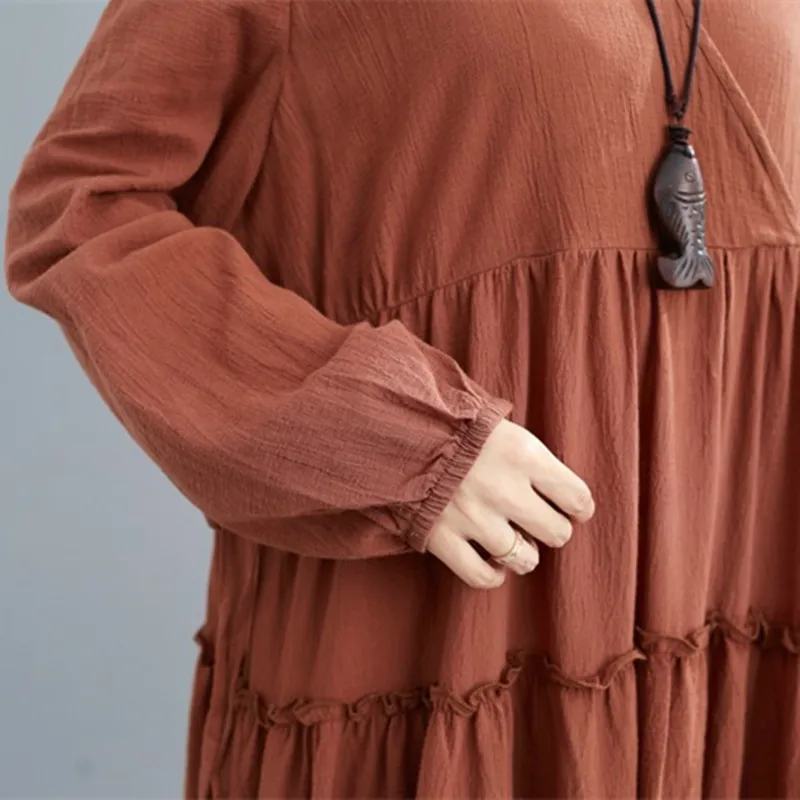 

Johnature Korean New Women Clothes V-neck Solid Color Loose Dresses 2021 Spring New Casual Render Female Dress