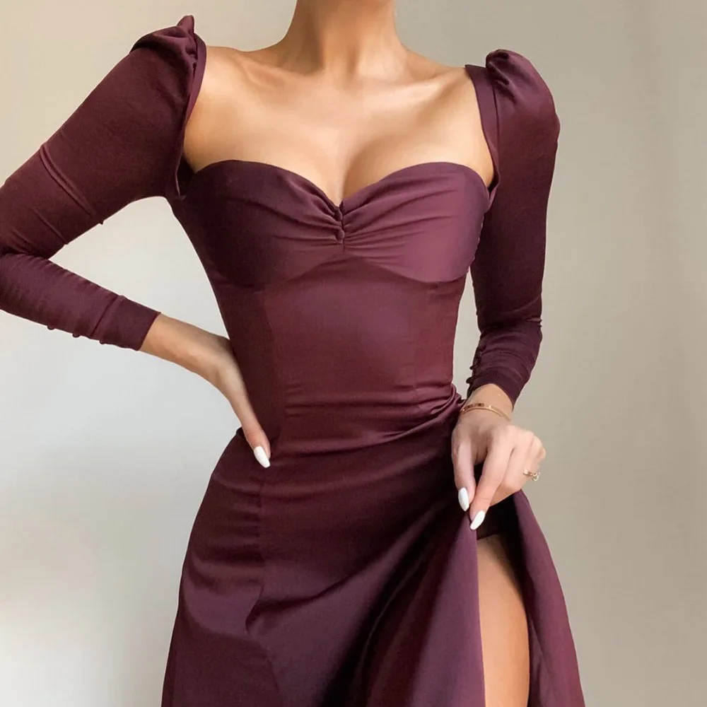 

New Long Sleeve Elastic Color Ding Fang Collar Solid Color Sexy Slim European And American Long Skirt Women's Dress Dress