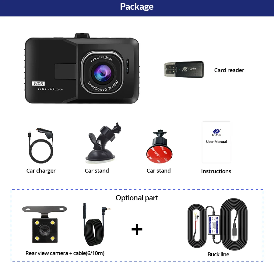 E-ACE B03 Мини Автомобильный видеорегистратор 3 дюйма FHD 1080P двойная камера объектив 170D угол видео регистратор видеокамера Dash Cam РЕГИСТРАТОР ночная версия