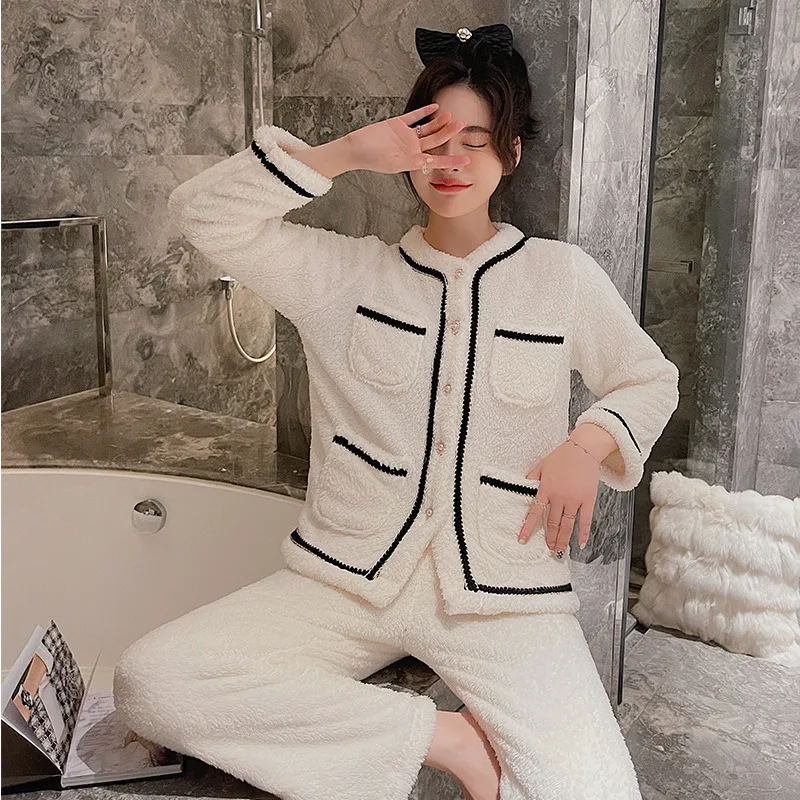 

Женские бархатные коралловые домашние пижамные комплекты из 2 предметов, повседневная утепленная Пижама с карманами, кардиган и брюки, ночн...