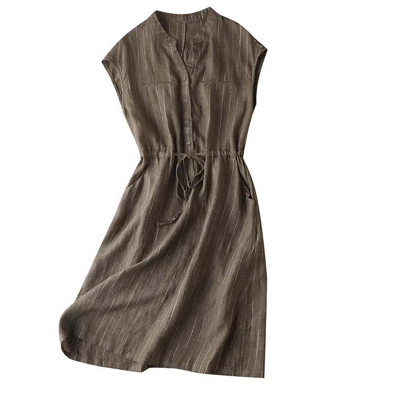 

SHUCHAN Office Lady Tank Dress Sashes Mid-Calf Summer Sleeveless Striped 100% Linen Dresses Elegant Women Clothes