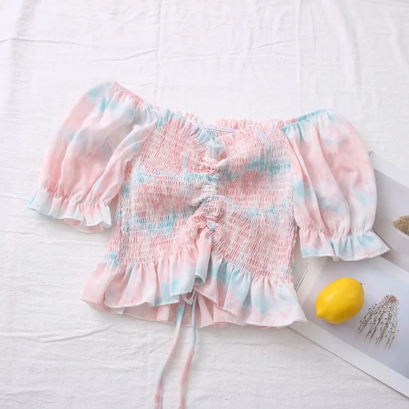 

Slash Neck Print Tie-Dyed Ladies Top Summer Sexy Sweet Puff Sleeve Short Chiffon Shirt Blouse
