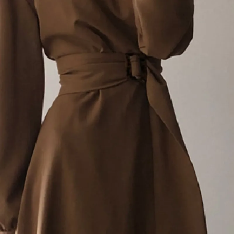 

Solid Vestido Autumn Spring New 2020 Korean Chic Slim Waist Lace Up Long Dress Women O Neck Long Sleeve