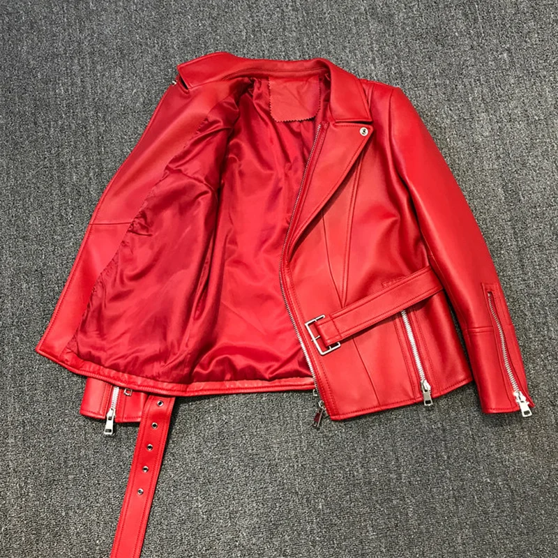 

Red coat womens'clothes slim high quality natural real leather jacket sashes new fashion streetwear zipper decoration