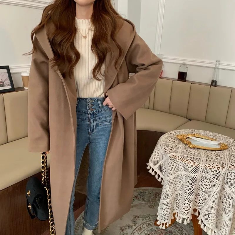 Женское черное шерстяное пальто с капюшоном Ulzzang Chic теплая Повседневная