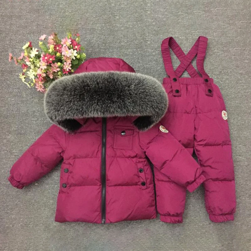 Fox Dark Red Детский зимний костюм для девочек, теплый пуховик с мехом для мальчиков, зимние спортивные комплекты одежды с натуральным мехом, ветрозащитная детская одежда - Цвет: Fox Dark Red