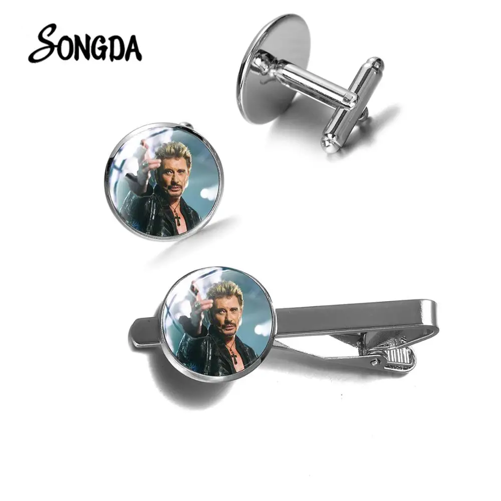 

Classic French Rock Singer Johnny Hallyday Tie Clip and Cufflinks Set Steampunk Art Photo Glass Dome Clips Cuff Links Wholesale
