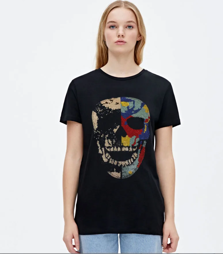 

Fashion Women T-Shirt Diamonds Short T Shirt black O-neck Tees cottonr Regular Tops Women Summer