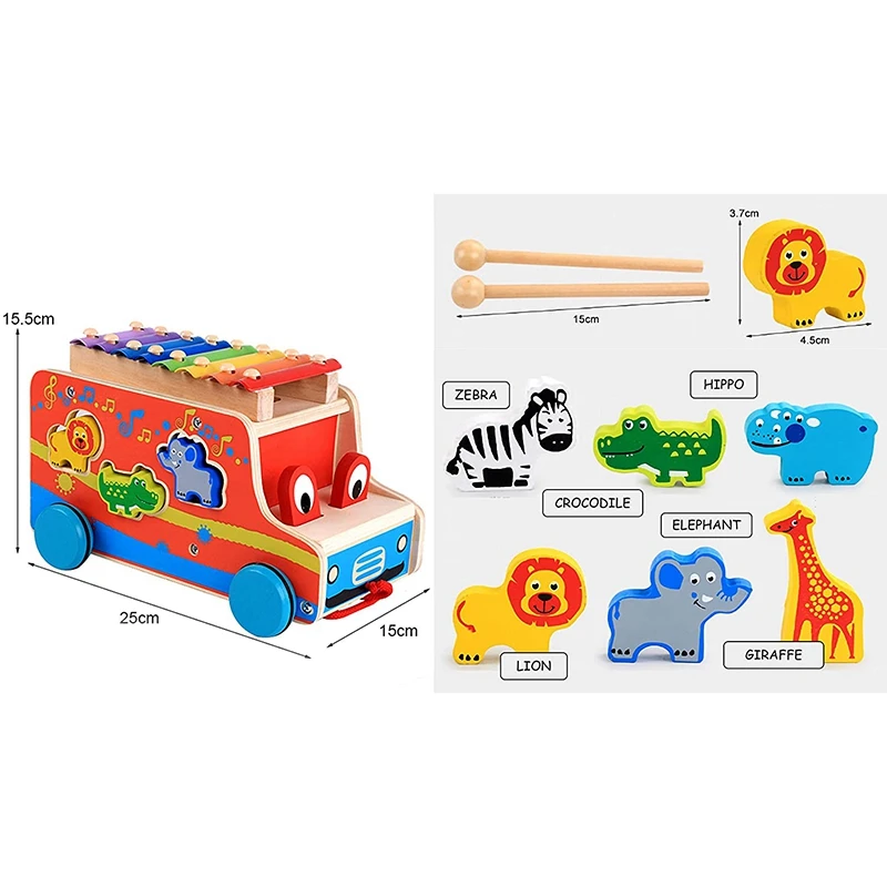 

Wooden Early Learning Animal Shape Sorter Toy with Music Keyboard Xylophone Pull Along Car Educational Learning Toy