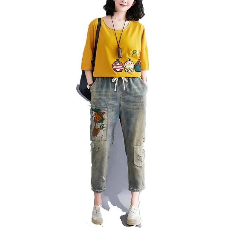 

Casual Vintage Retro Hippie Boho Bohemian Cat Embroidery Patchwork Denim Jeans Elastic Waist Pocket Women Capris Harem Pants