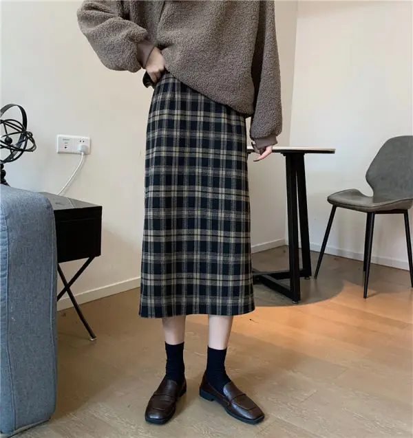 

Y2k Skirt Autumn Winter 2021 Women New Mid-Length Temperament High-Waist Japanese Skirt Woolen Plaid Thin All-Match Skirt