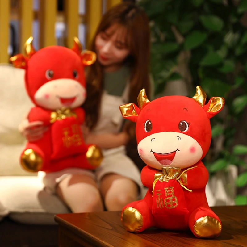 

Funny Chinese Zodiac Ox Cattle Plush Toys Red Milk Cow Mascot Stuffed Doll For C