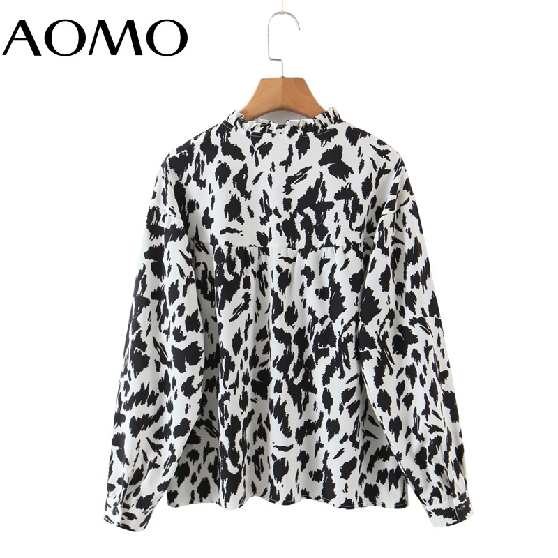 

AOMO 2021 Autumn Women Ruffles Print Blouse Long Sleeve Chic Female Office Lady Shirt Blusas Femininas SL210A