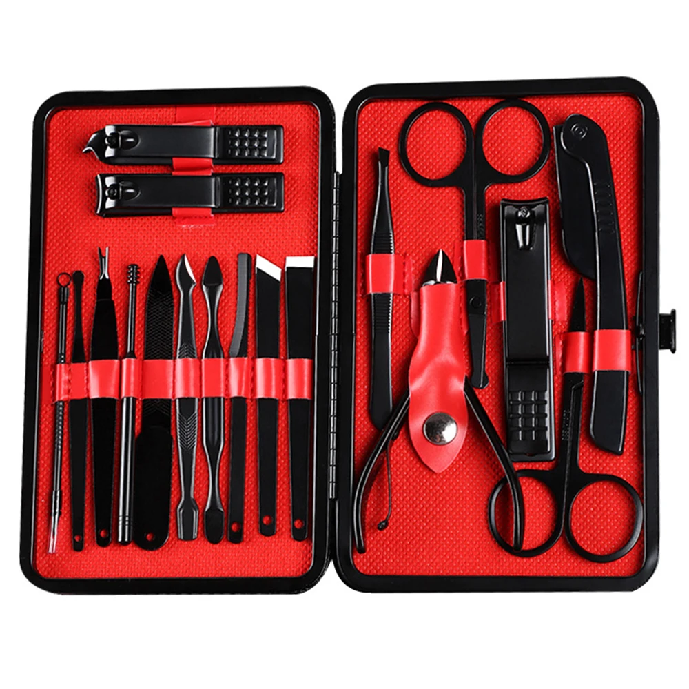

16pcs/18pcs Portable Stainless Steel Nail Clippers Black Nail Clippers Set Nail Scissors Beauty Manicure Manicure Pedicure Tools