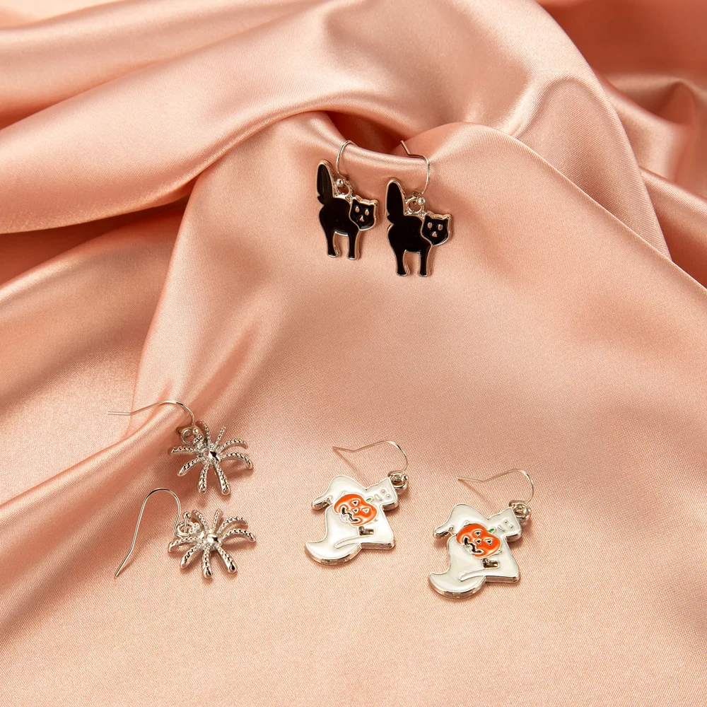 

Halloween Black Animal Bat Cat Spider Lollipop Ghost Skulls Golden Silver Plated Alloy Stud Earrings for Women & Men 3prs/set