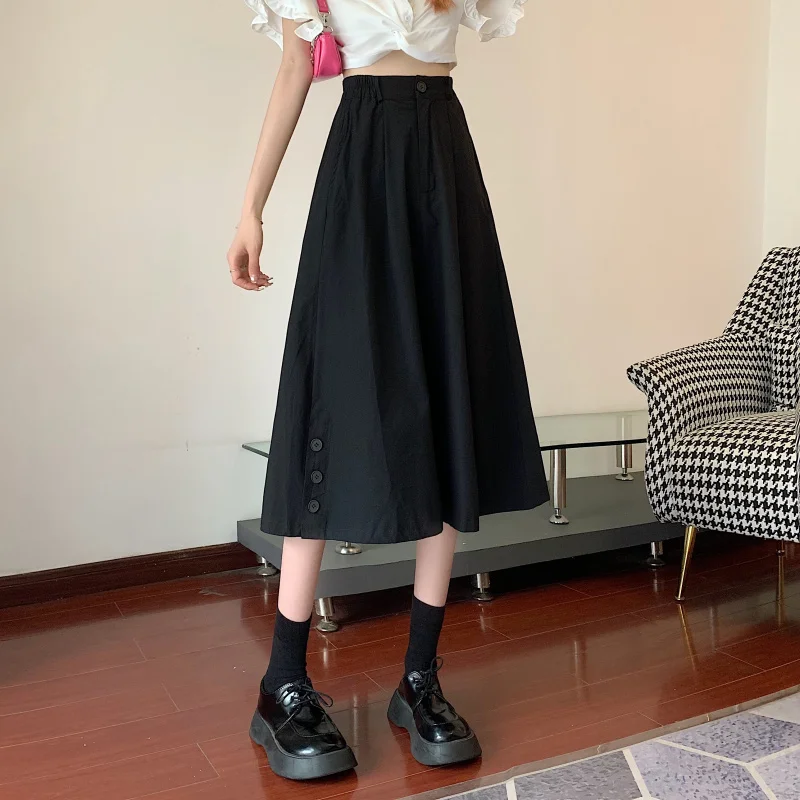 

Skirts Womens All-match Mid-calf Trendy Buttons Summer Simple Casual Students 5 Colors Empire A-line Ulzzang Solid Ladies