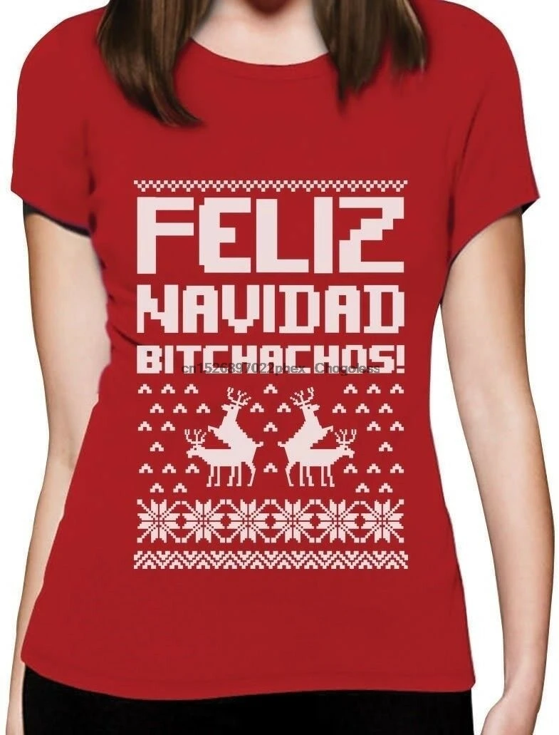 Feliz Navidad Bichachos Уродливый Рождественский свитер забавная женская футболка