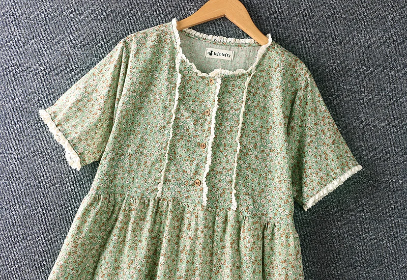 

New Summer Women Cotton and linen loose long Dress Japan Style Mori Girl Fresh O-Neck Print Short Sleeve Dress Women