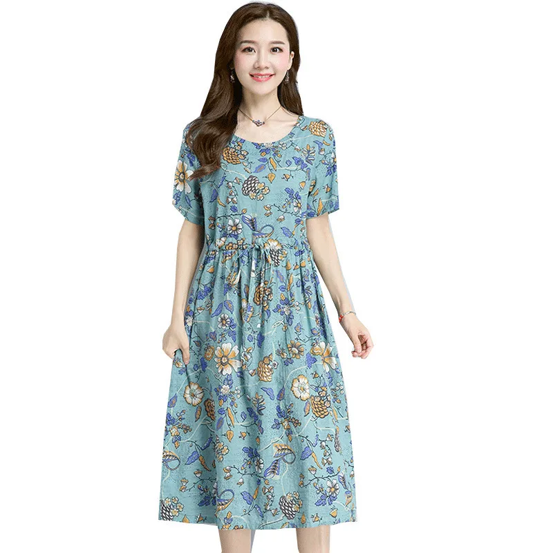 Летнее хлопковое льняное платье с цветочным рисунком женское пляжное