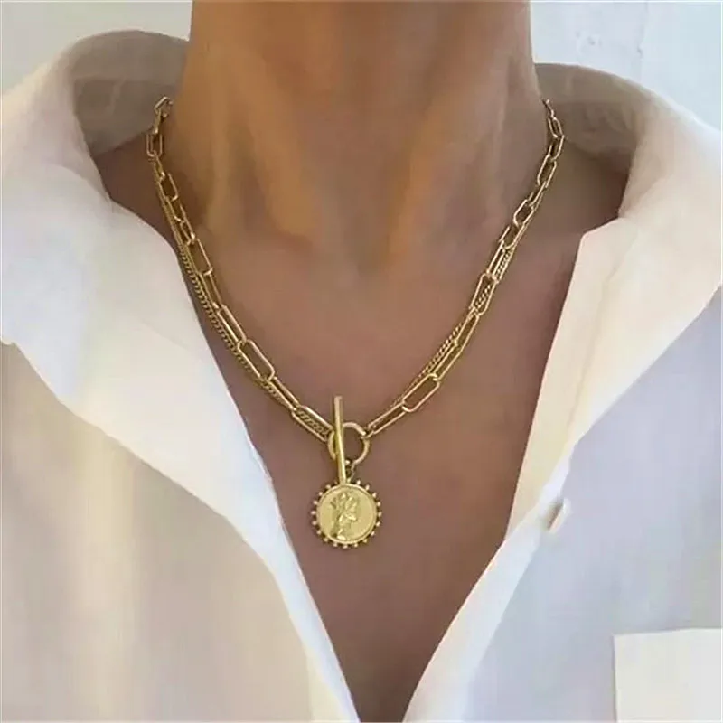 

Vintage Carved Coin Gold Color Necklace For Women Medal Pendant Necklace Double Layer Choker Fashion Jewelry Accessories