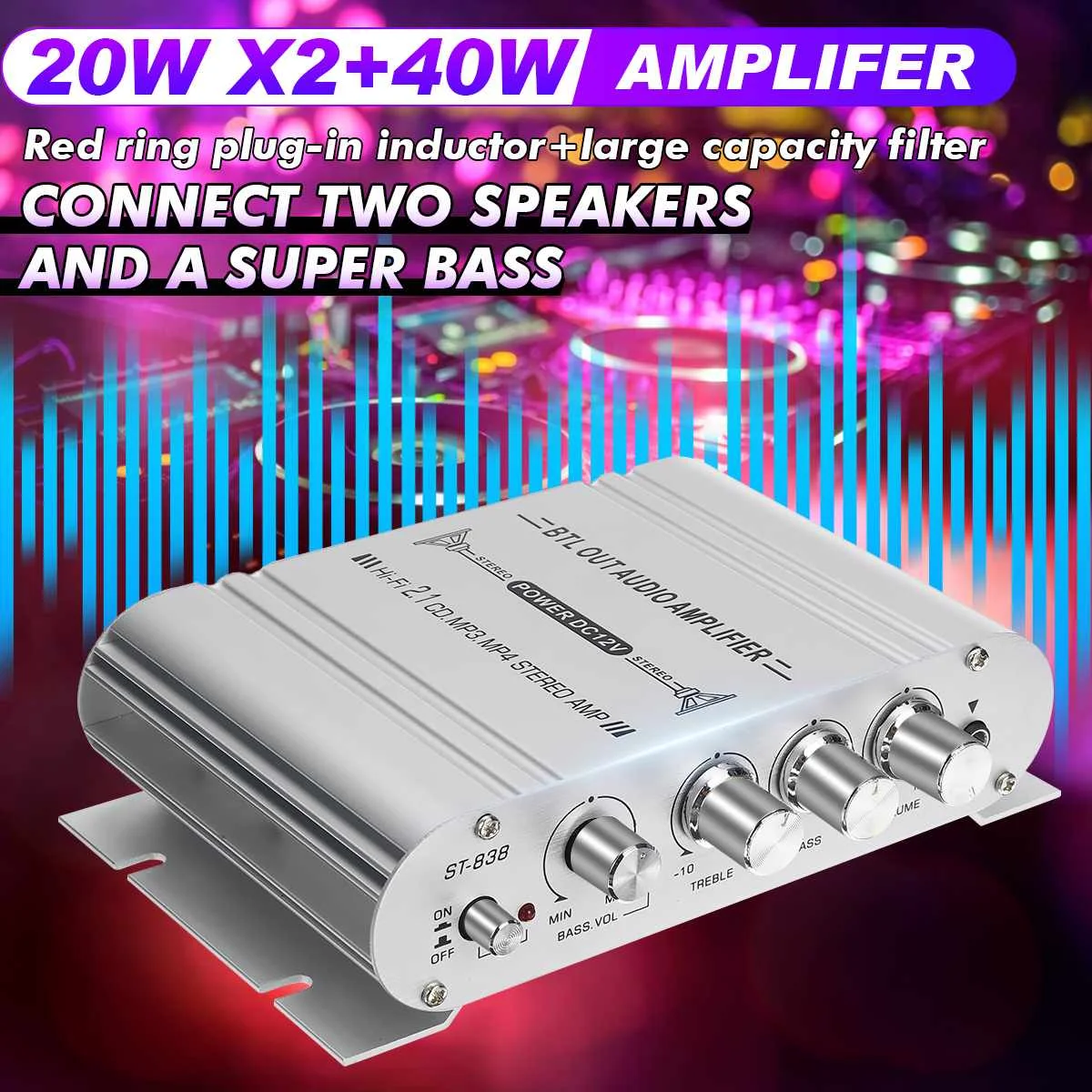 

2.1CH 40W 2x20W Digital Car Power Amplifier Hi-Fi Stereo Bass Amplifier Audio Support Connection of 2 speakers And a Subwoofer