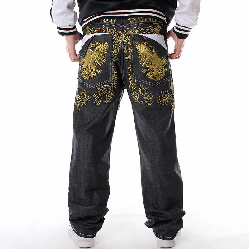 

Men Street Dance Hiphop Jeans Fashion Embroidery Black Loose Board Denim Pants Overall Male Rap Hip Hop Jeans