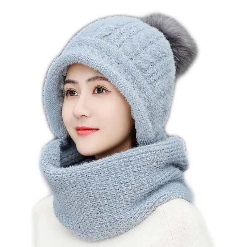Зимние кроличьи волосы вязанные шарф и шапка набор шапка женский шарф шапочки шапки для женщин Сиамские шапки Mask маска капота