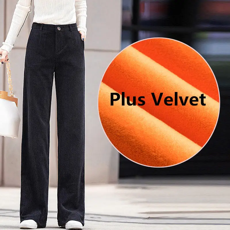 black plus velvet Бархатные осенние зимние штаны, вельветовые широкие брюки, женские брюки, повседневные брюки с высокой талией, длинные женские брюки C6020 - Цвет: black plus velvet