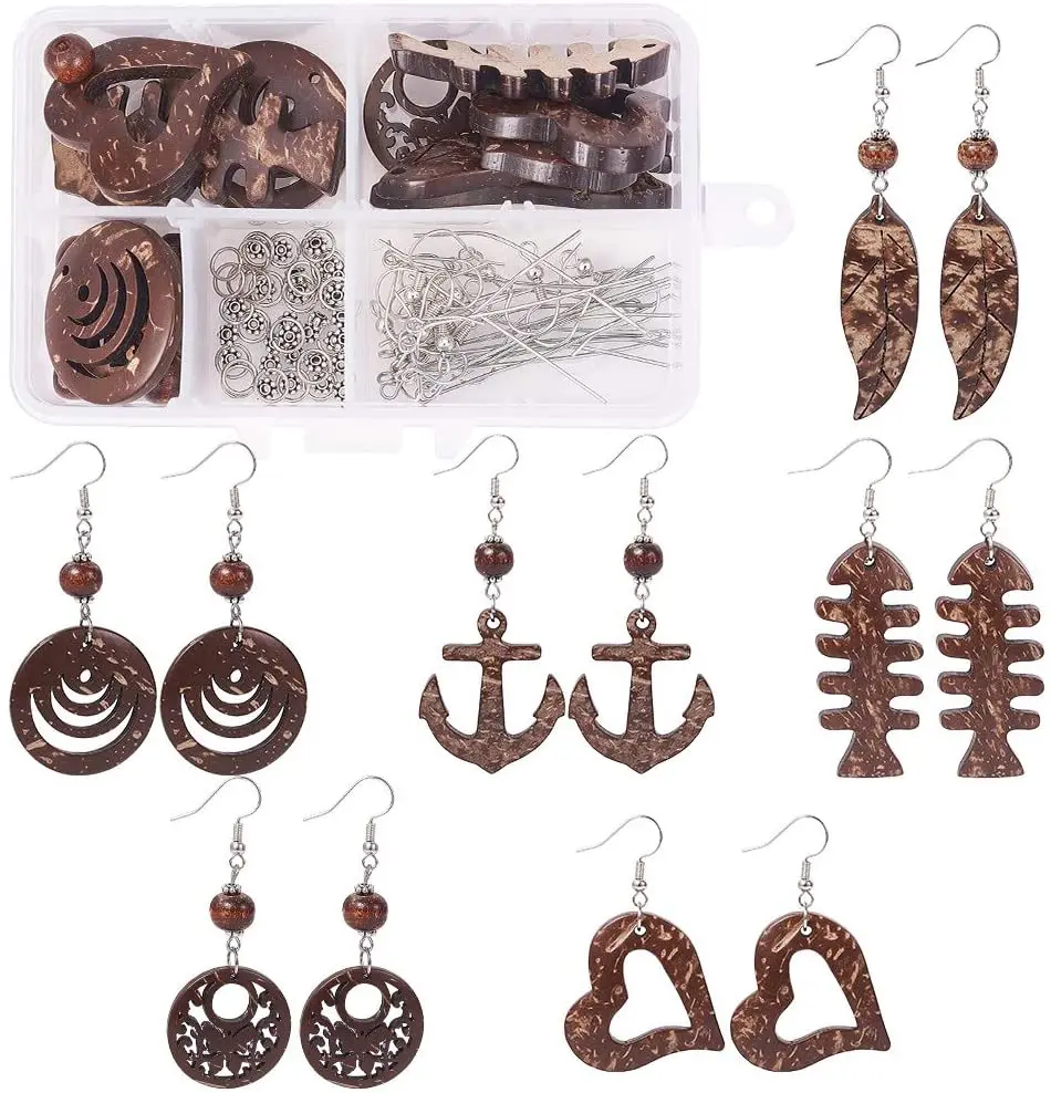 

1 box of DIY6 pairs of wooden earrings set coconut pendant beads brass earring hook spacer beads female treasure making supplies