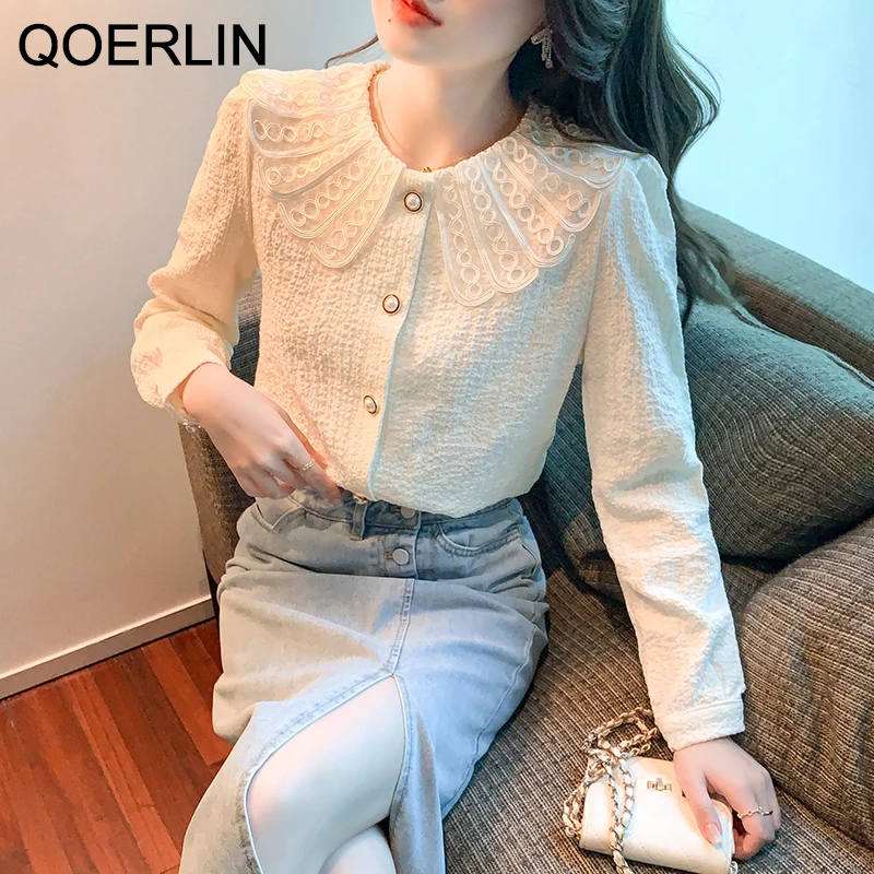 Женские блузки QOERLIN, офисные женские хлопковые топы, кружевные ажурные Элегантные корейские модные рубашки с длинным рукавом, весна 2021