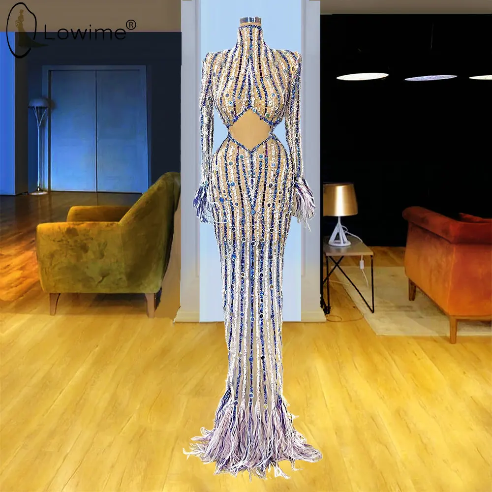 2020 сексуальные прозрачные вечерние платья с высоким горлом и бусинами Русалка