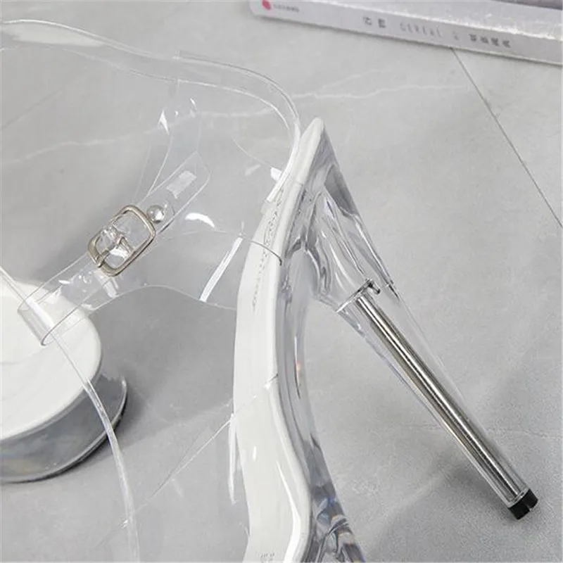 

New Sexy Ankle Strap Shoes Women High Heels 15cm Summer Woman Transparent Crystal SandalsThin Heel Wedding Shoes Big Size 34-43