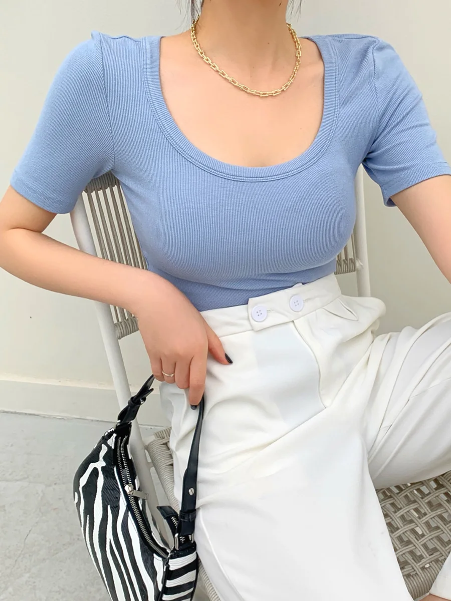 

Casual Cotton Skinny Elastic Women T-shirt Chic U Neck Short Sleeve Slim Summer Tops Streetwear Female Basic Tees