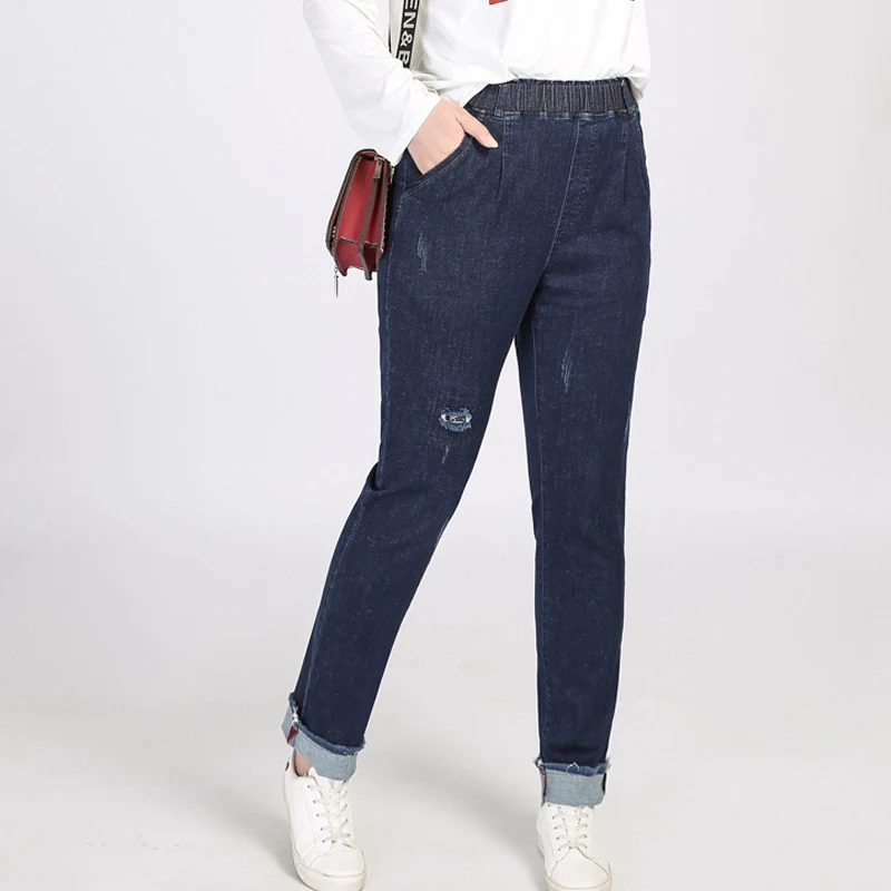 Женские рваные джинсы с высокой талией эластичные брюки большого размера