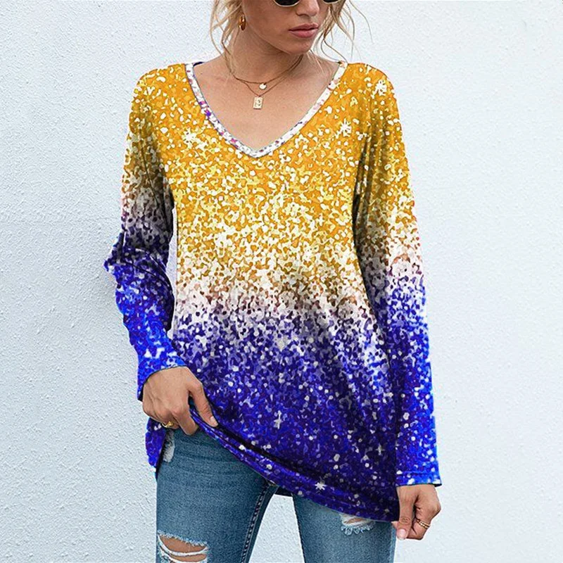 

New Fashion Gradient Printed Women Pullover Shirts Spring V-Neck Long Sleeve Blouses Autumn Elegant Loose Streetwear Tops Blusas