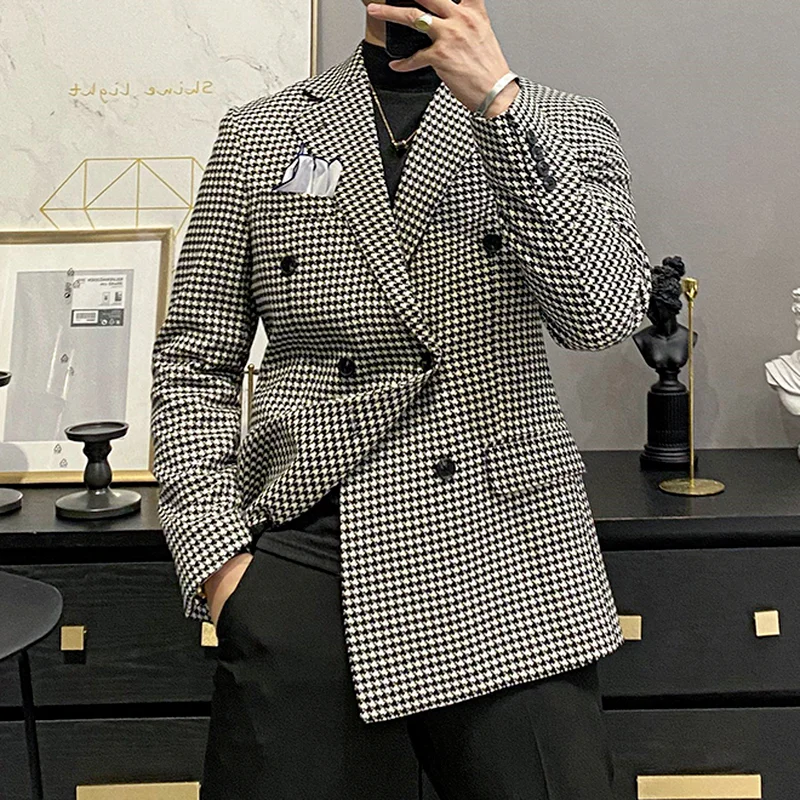 British Style Men's Blazers Double Breasted Houndstooth Business Casual Slim Suit Jackets Wedding Groom Dress Coat Costume Homme