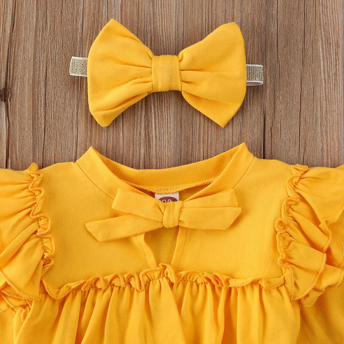 2020 Vintage Toddler Kid Baby Girls Dress 3pcs Clothes Ruffle Bow Yellow Long Sleeve Dress+Belt+Headband Princess Sundress | Детская
