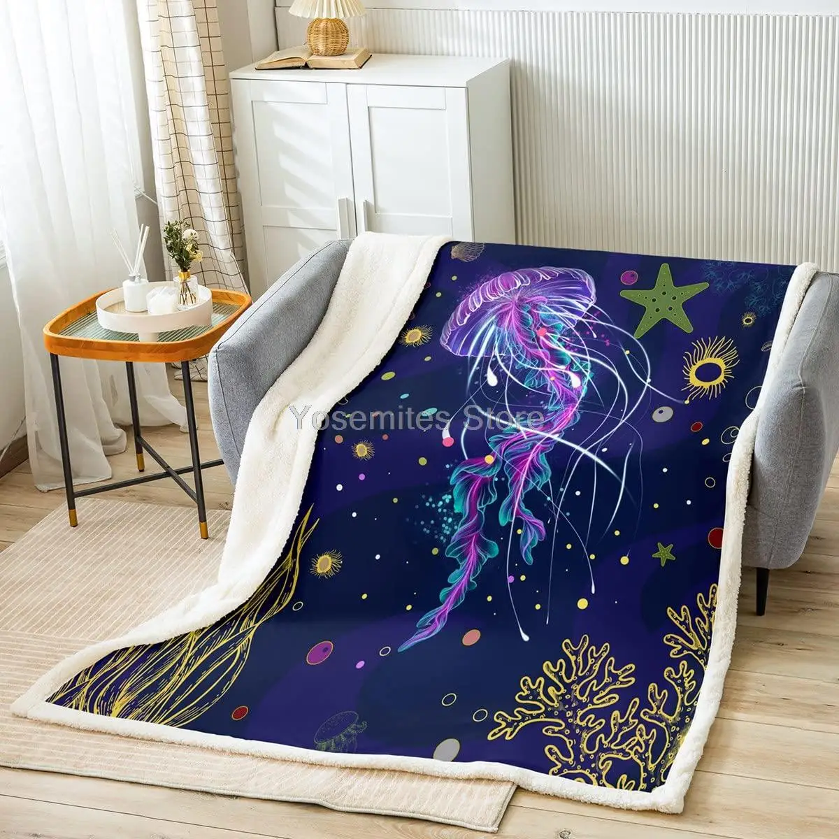 

Colorful Jellyfish Throws Blanket,Ocean Art Sea Animal Aquatic Grass Sherpa Blanket for Girls Teens Gift, Navy Purple Lightweigh