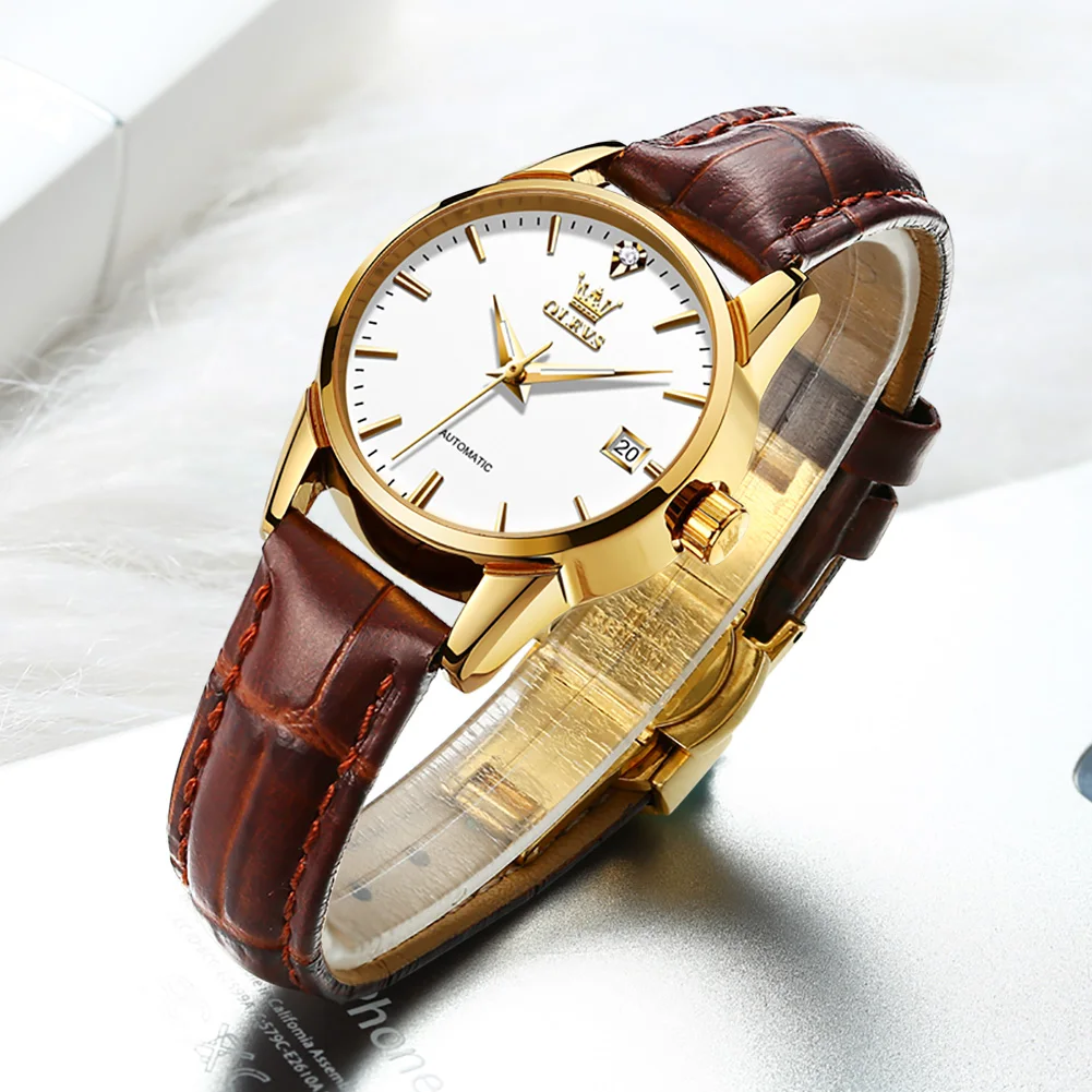 OLEVS Top Luxury Women Wristwatch Automatic Mechanical Waterproof Watch Calendar Brown Leather Watchstrap Lady Watches 6629 enlarge