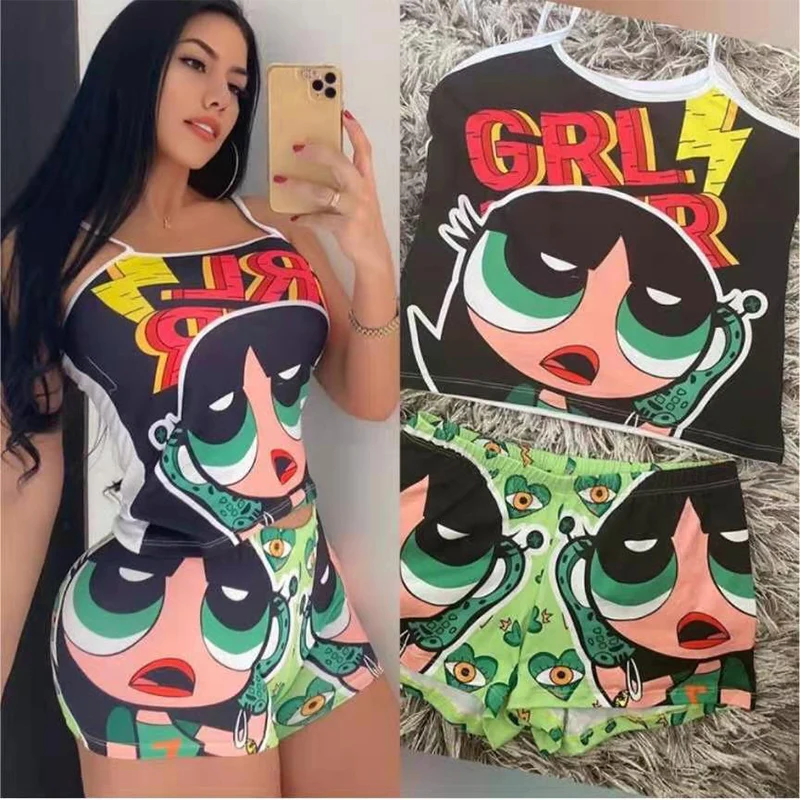 

Summer Women New Cartoon Printed Cute Top & Shorts Suit Women 2 Piece Set
