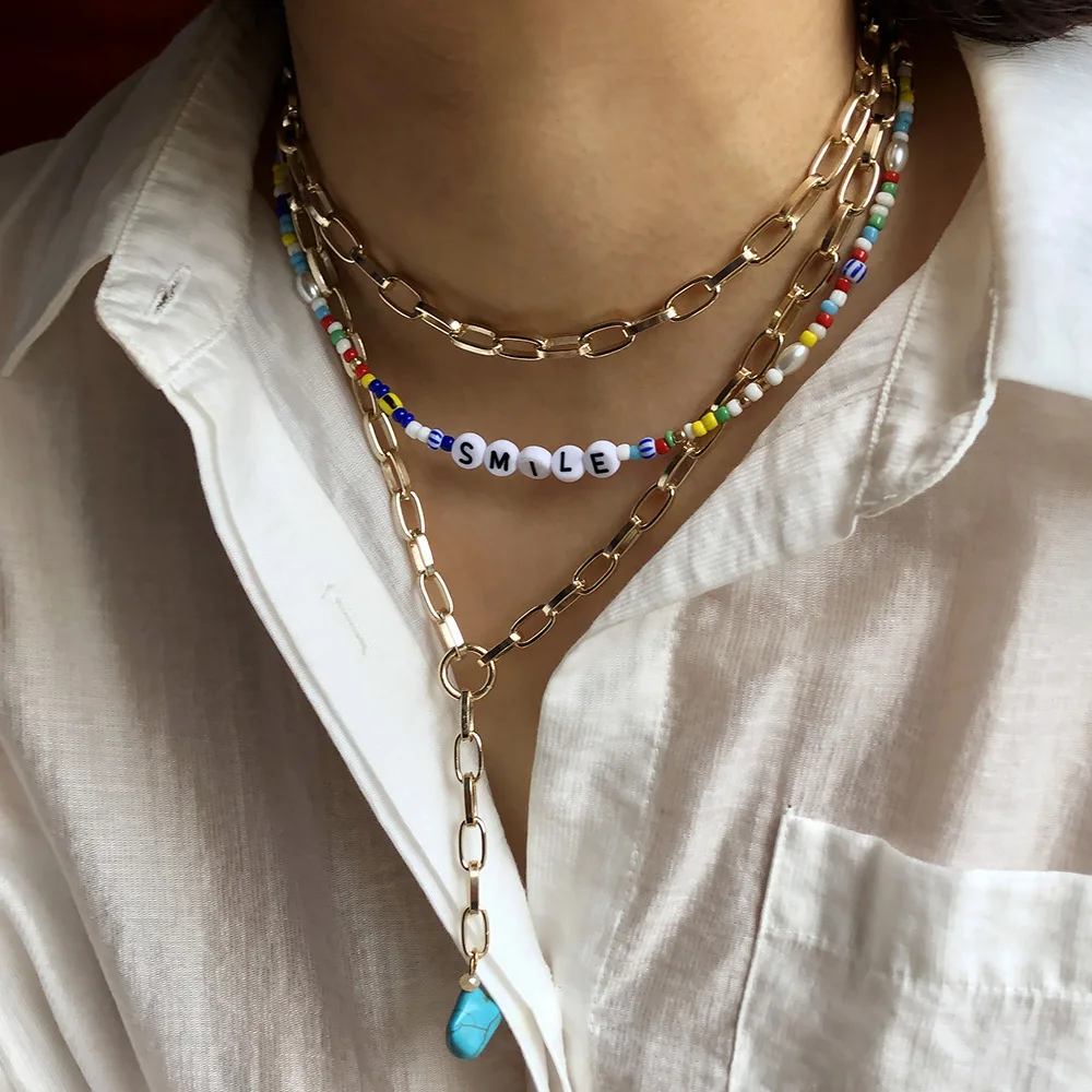 

SMILE Print Bohemia Rainbow Beads Choker Necklace for Women Turquoise Pendant Alloy Necklace Girl Holiday Fashion Jewerly AM3236