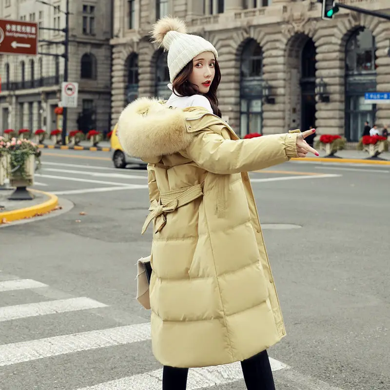 

2020 Winter Fashion New Hooded Jacket Thicken Large Size Blue Black White Women's Down Coat with Belt Outwear Q159