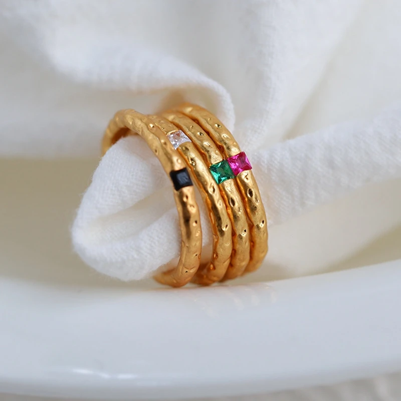 

Amaiyllis 18K Gold Multi-layered Hammered Ring Fashion Retro Rainbow Zircon Gold Silver Index Finger Ring For Friendship Jewelry