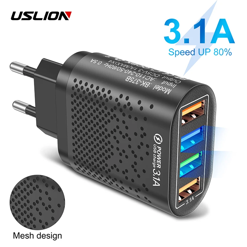 

USLION 48W USB Charger Fast Charge QC 3.0 Wall Charging For iPhone 12 11 Samsung Xiaomi Mobile 4 Ports EU US Plug Adapter Travel