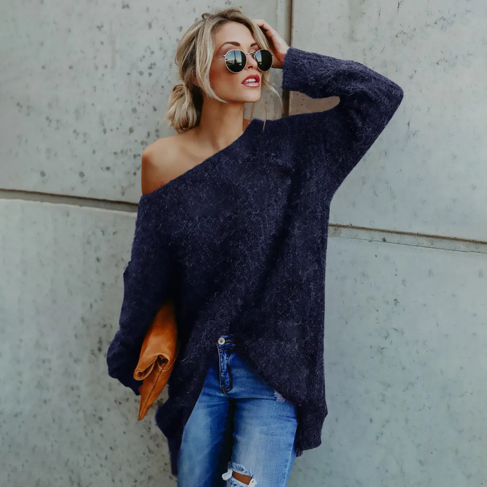 Women Long Sleeve Sexy Off Shoulder Sweater Faux Fur Blouse Top Sweaters 2019 Winter Tops Knitted C3098 | Женская одежда
