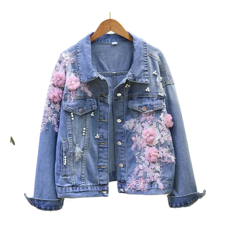 

2021 Spring Autumn Jeans Jacket Korean Embroideried 3D Flowers Hole Cowboy Outerwear Causal Women Demin Coat Jaqueta Feminina