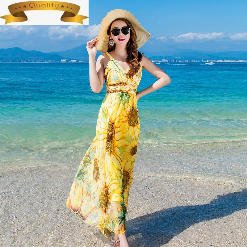 

Real 100% High Quality Silk Dress Women Summer 2021 Floral Long Beach Boho Dress Casual Strap Maxi Dresses Vestido De Mujer KJ